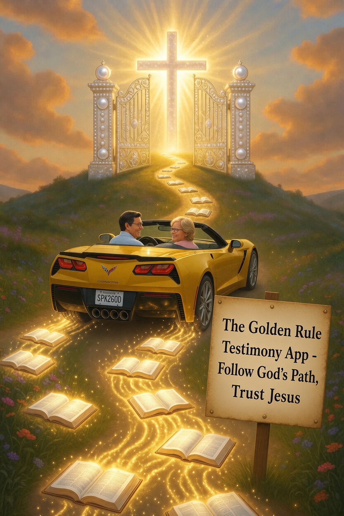 A yellow Corvette carrying an older couple up a path of open Bibles toward the cross and the open gates of heaven